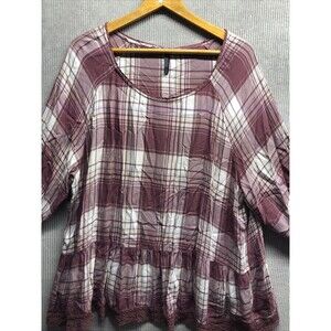 Massini Top Size 2X Plaid Burgundy White Peplum Cottage V Neck